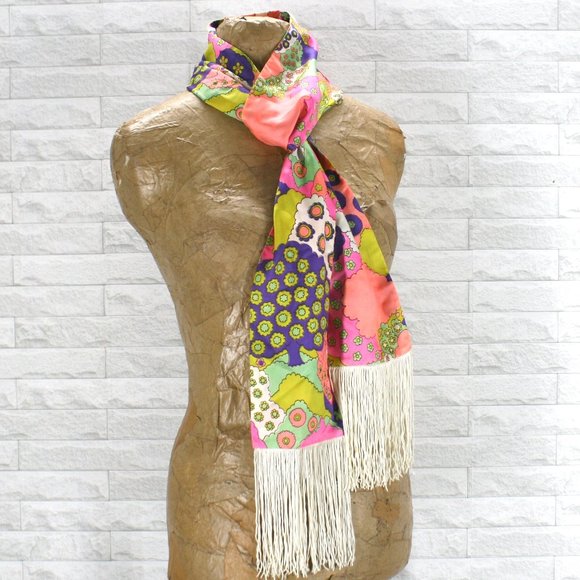 Vintage Accessories - VINTAGE Scarf Retro Abstract Floral Fringe Belt Headband Rectangle 72 x 5